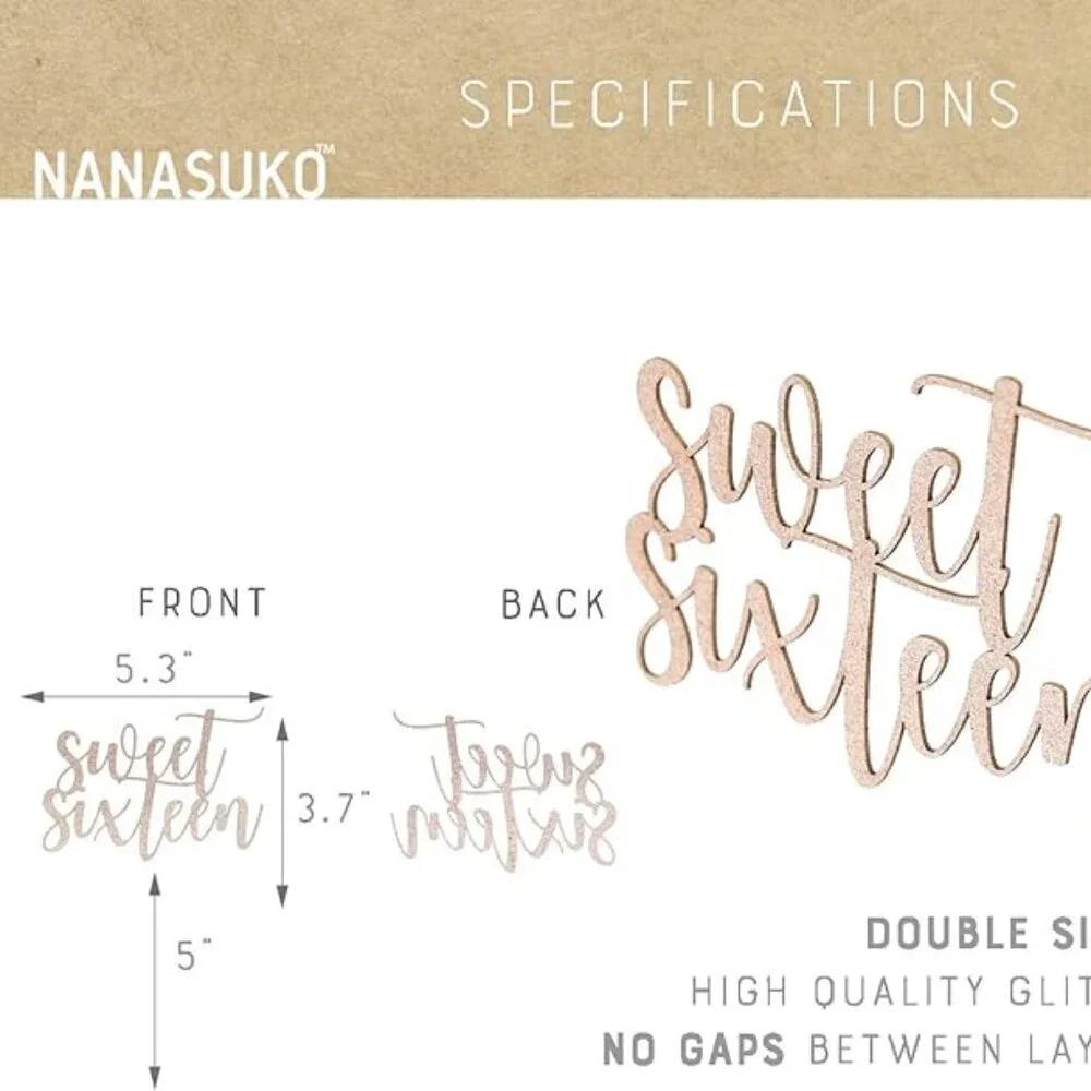 Nanasuko Sweet Sixteen 16th Birthday Cake Topper Rose Gold Glitter